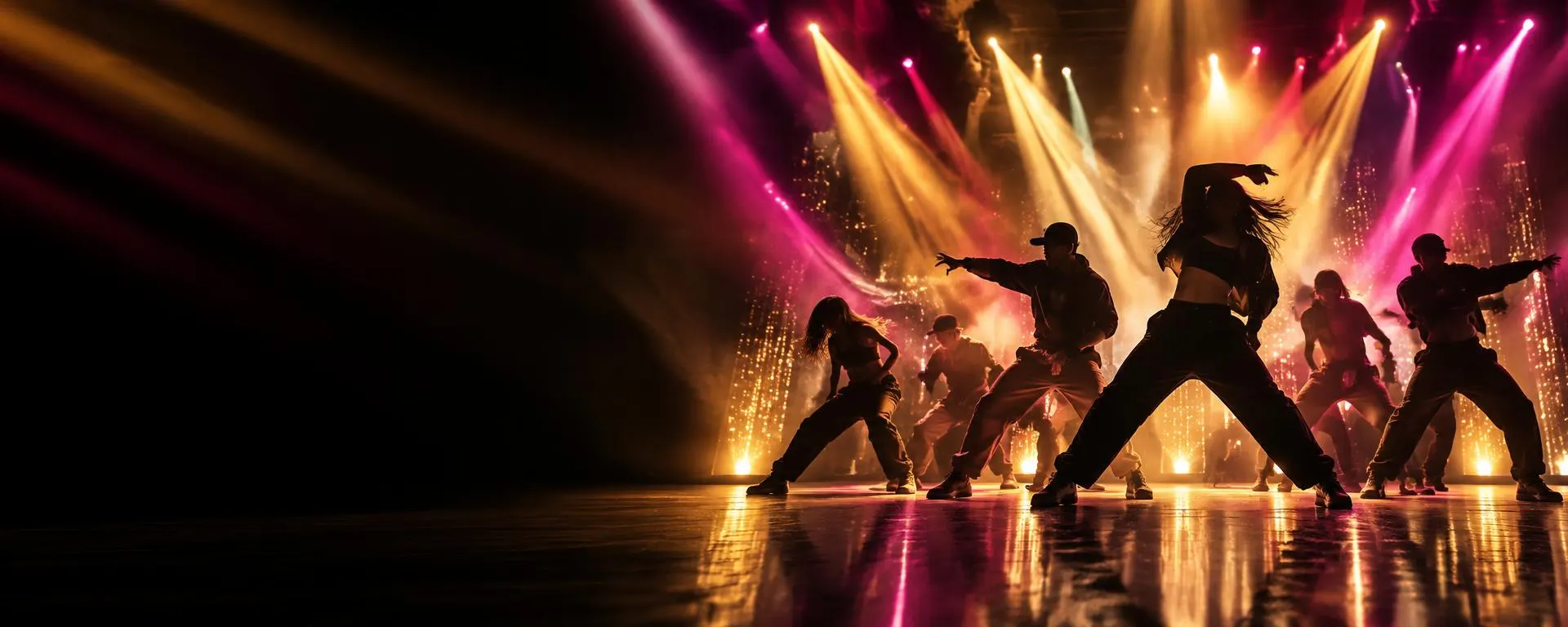 Illustrated stage artwork: silhouetted dancers performing under gold and magenta spotlights